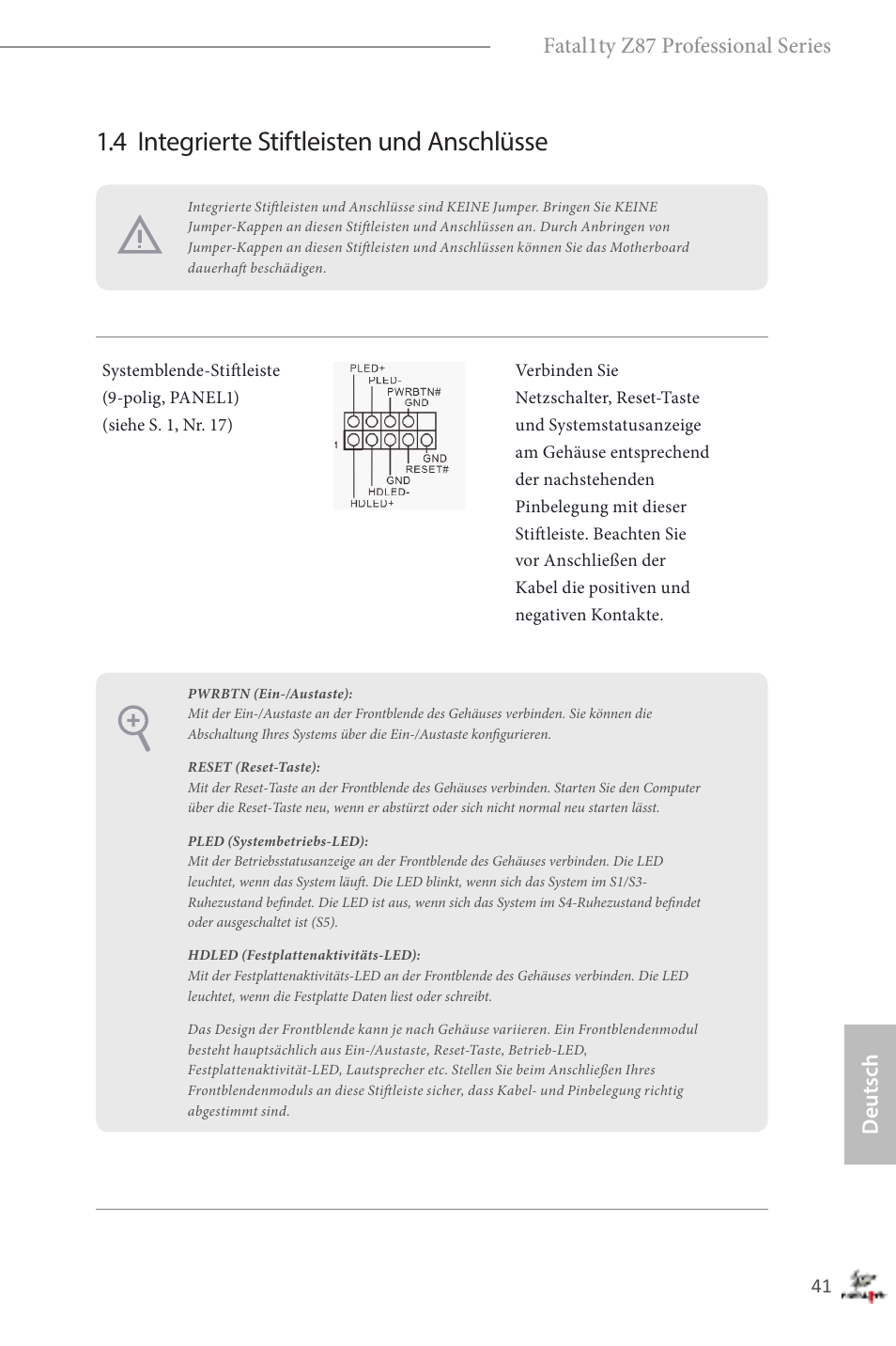 4 integrierte stiftleisten und anschlüsse, Fatal1ty z87 professional series, Deutsch | ASRock Fatal1ty Z87 Professional User Manual | Page 45 / 206