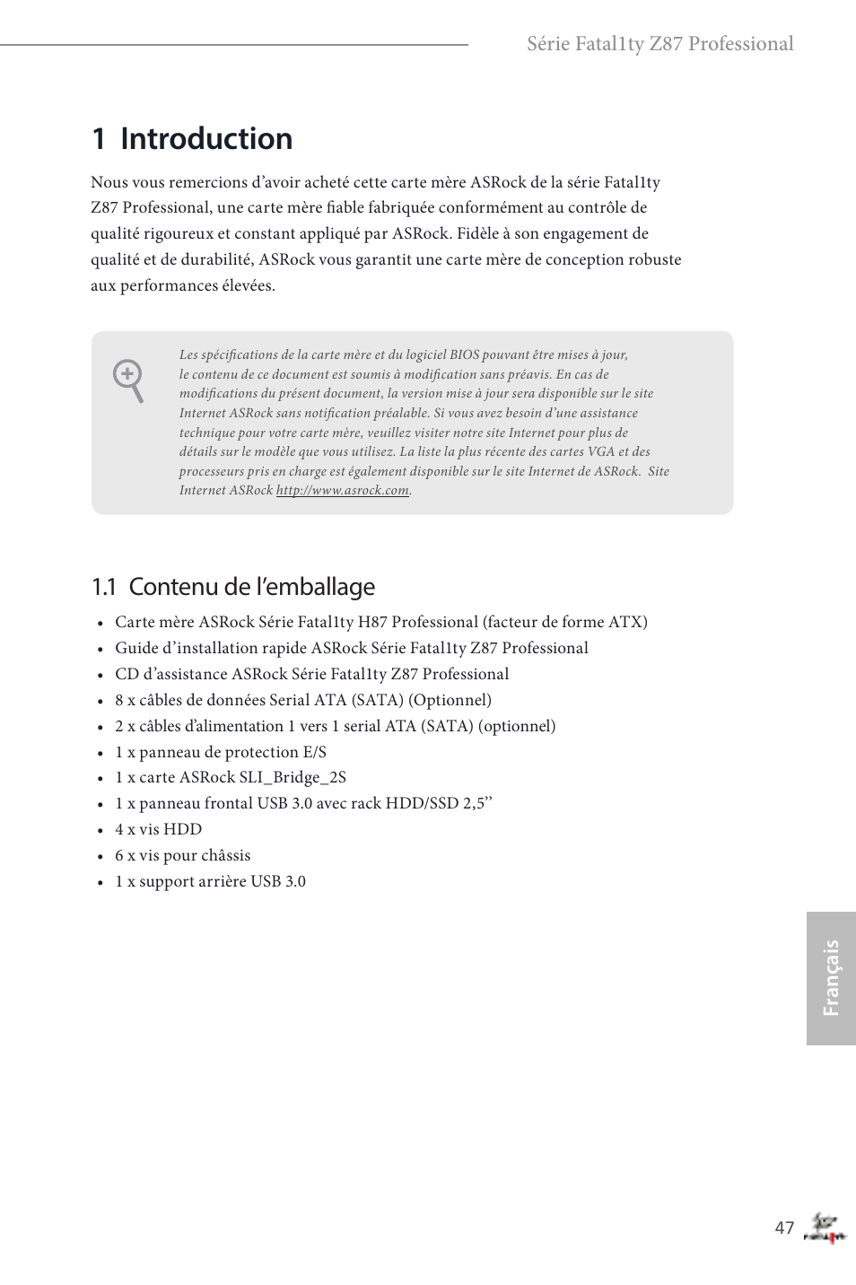 French, 1 introduction, 1 contenu de l’emballage | ASRock Fatal1ty Z87 Professional User Manual | Page 51 / 206