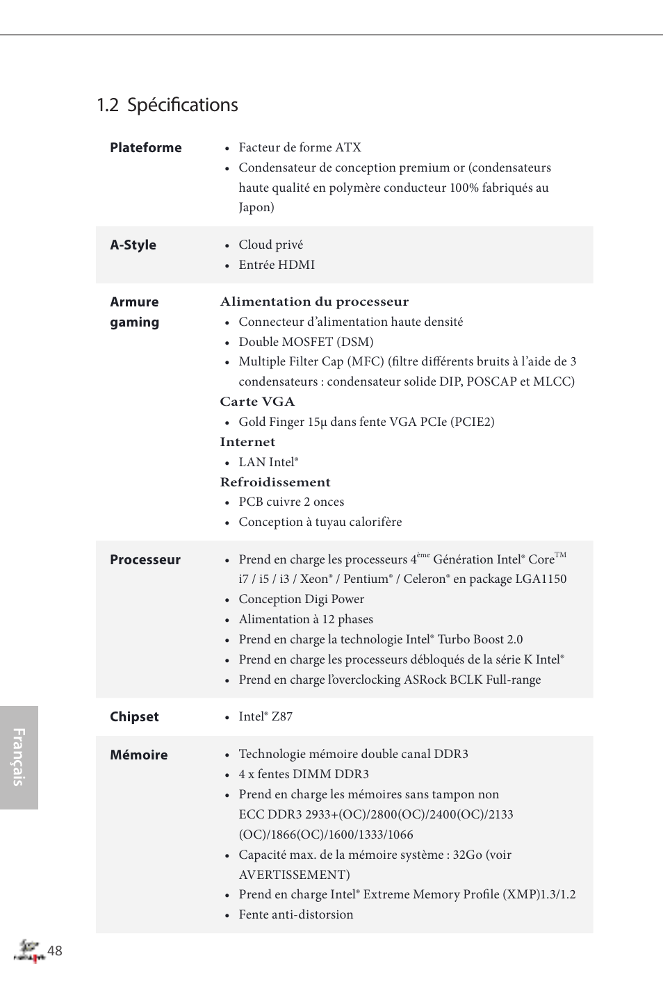 2 spécifications, Français | ASRock Fatal1ty Z87 Professional User Manual | Page 52 / 206