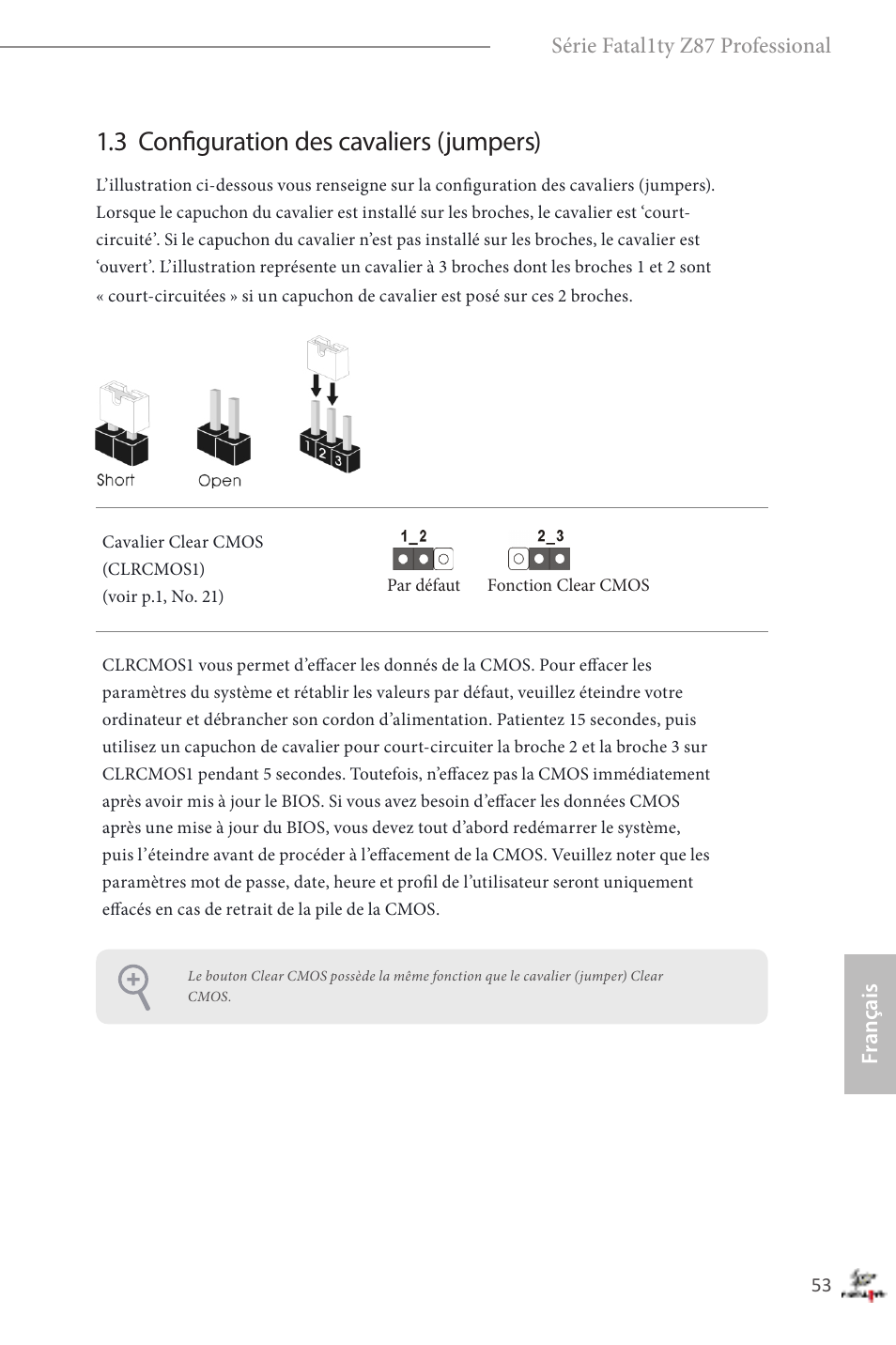 3 configuration des cavaliers (jumpers) | ASRock Fatal1ty Z87 Professional User Manual | Page 57 / 206