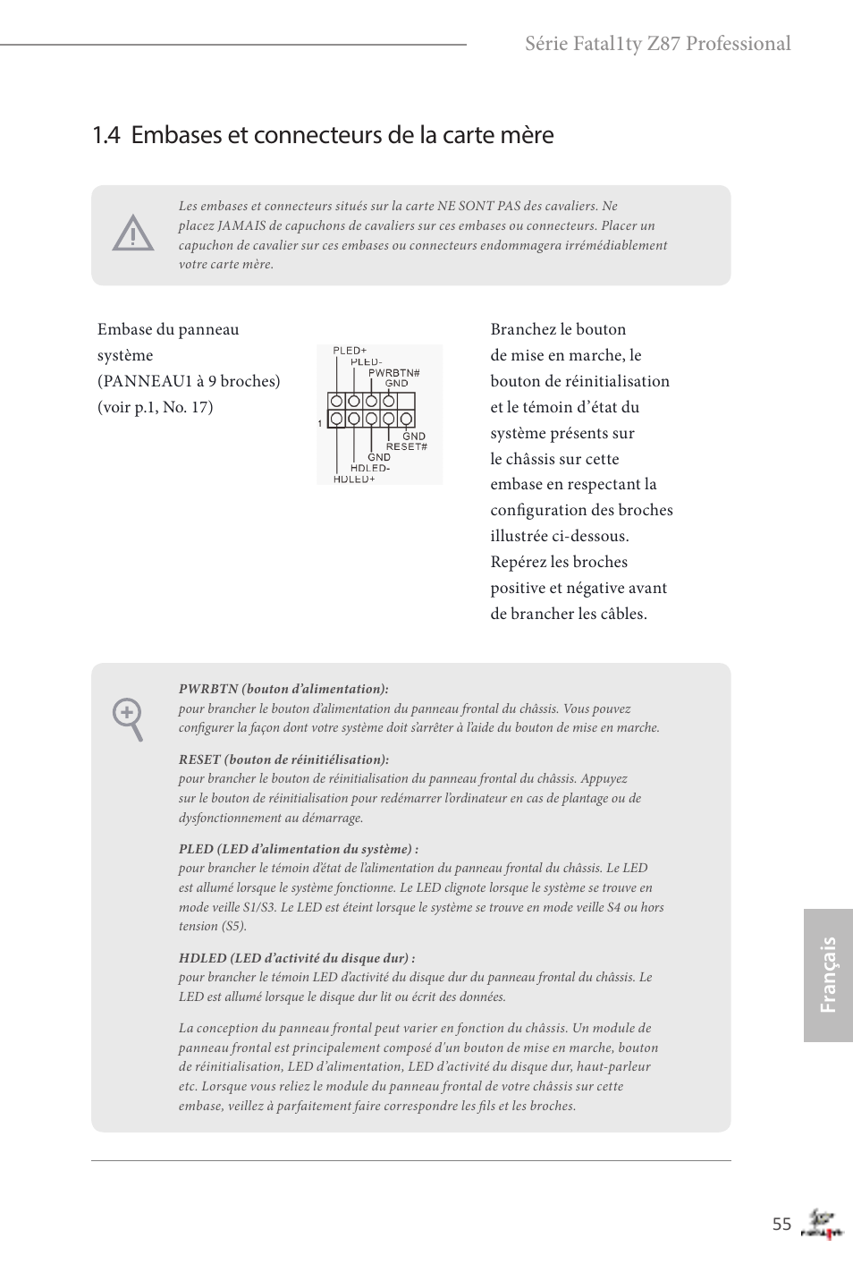 4 embases et connecteurs de la carte mère, Fr ançais série fatal1ty z87 professional | ASRock Fatal1ty Z87 Professional User Manual | Page 59 / 206