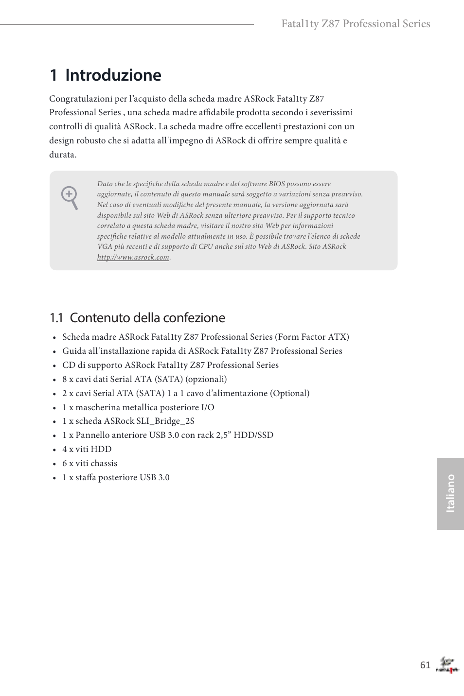 Italian, 1 introduzione, 1 contenuto della confezione | ASRock Fatal1ty Z87 Professional User Manual | Page 65 / 206