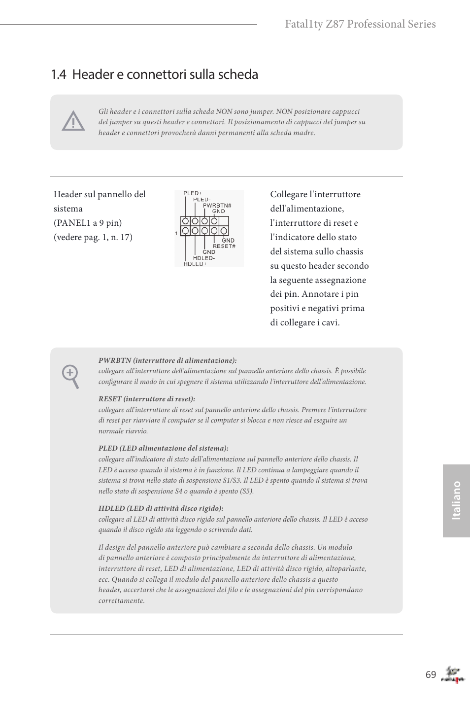 4 header e connettori sulla scheda, Italiano fatal1ty z87 professional series | ASRock Fatal1ty Z87 Professional User Manual | Page 73 / 206
