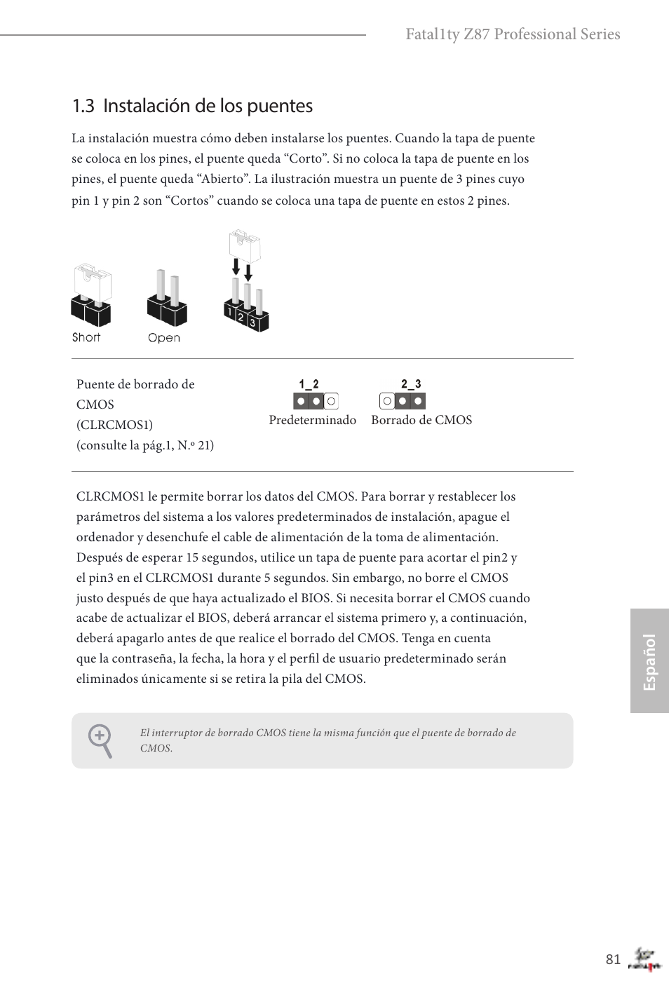 3 instalación de los puentes | ASRock Fatal1ty Z87 Professional User Manual | Page 85 / 206