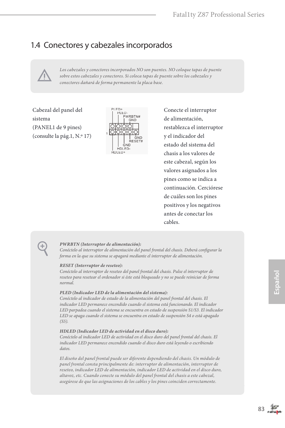 4 conectores y cabezales incorporados, Español fatal1ty z87 professional series | ASRock Fatal1ty Z87 Professional User Manual | Page 87 / 206