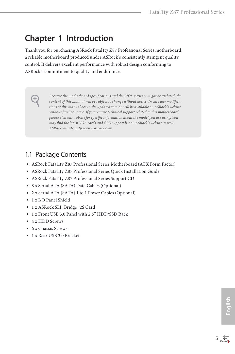 Chapter 1 introduction, 1 package contents, Fatal1ty z87 professional series | English | ASRock Fatal1ty Z87 Professional User Manual | Page 9 / 206
