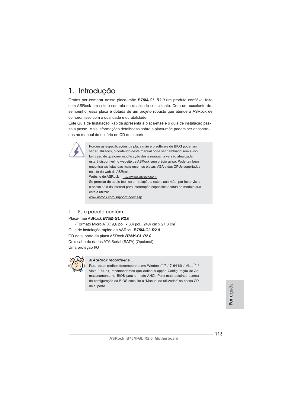 Portuguese, Introdução, Po rtuguês | 1 este pacote contém | ASRock B75M-GL R2.0 User Manual | Page 113 / 204