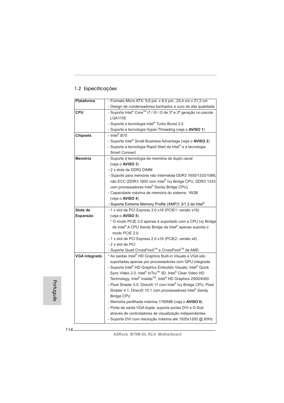 Po rtuguês 1.2 especificações | ASRock B75M-GL R2.0 User Manual | Page 114 / 204