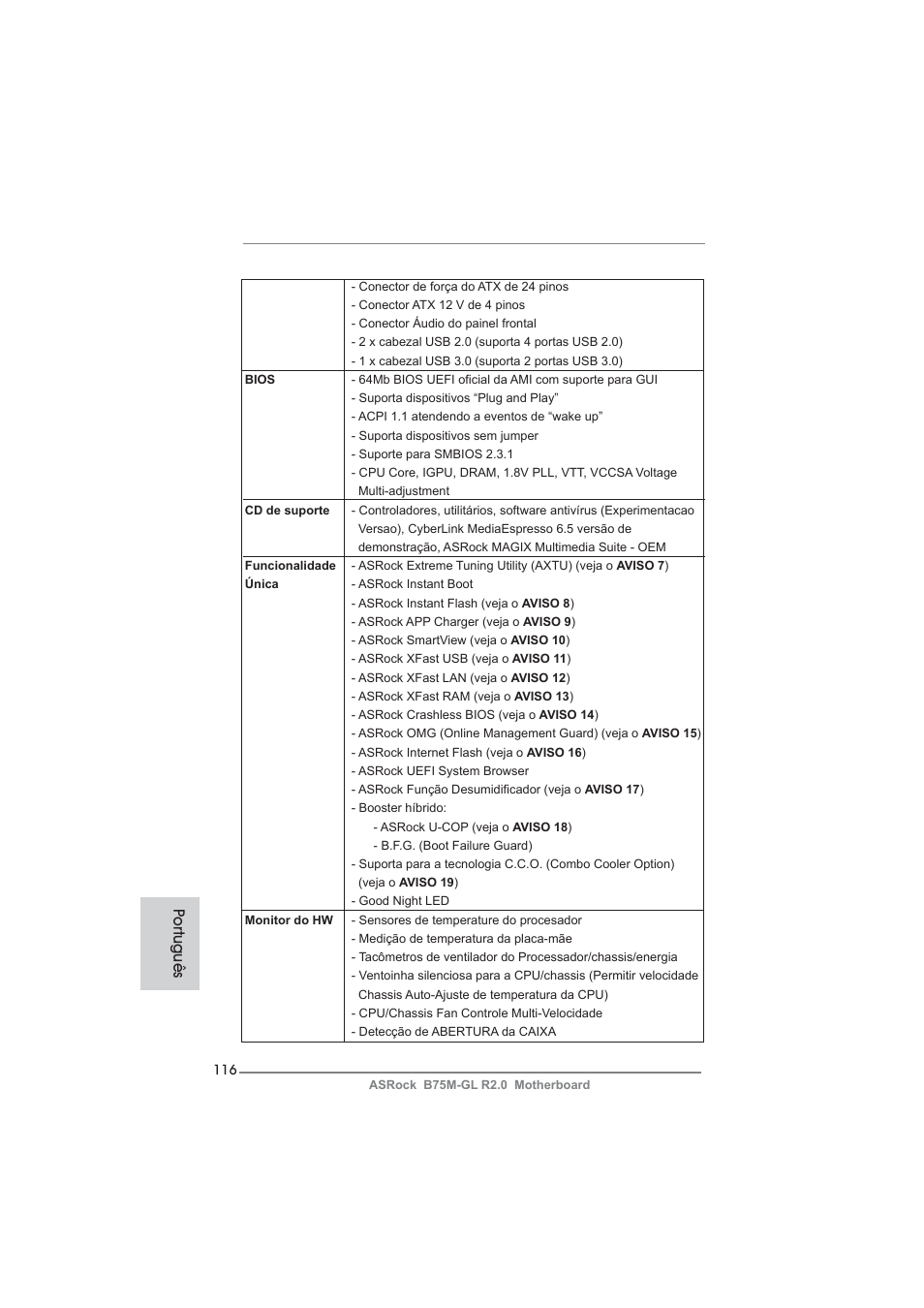 Po rtuguês | ASRock B75M-GL R2.0 User Manual | Page 116 / 204
