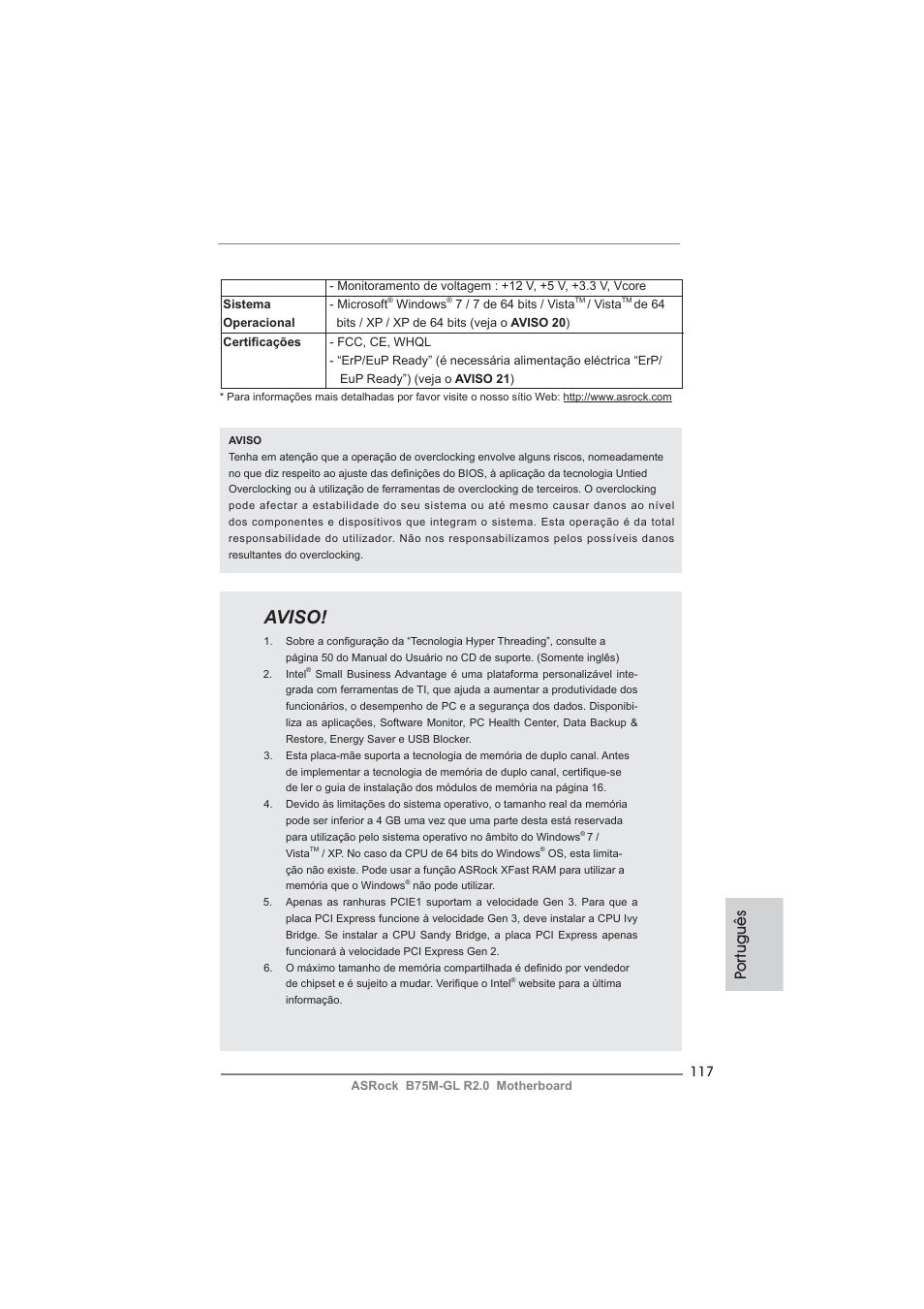 Aviso, Po rtuguês | ASRock B75M-GL R2.0 User Manual | Page 117 / 204