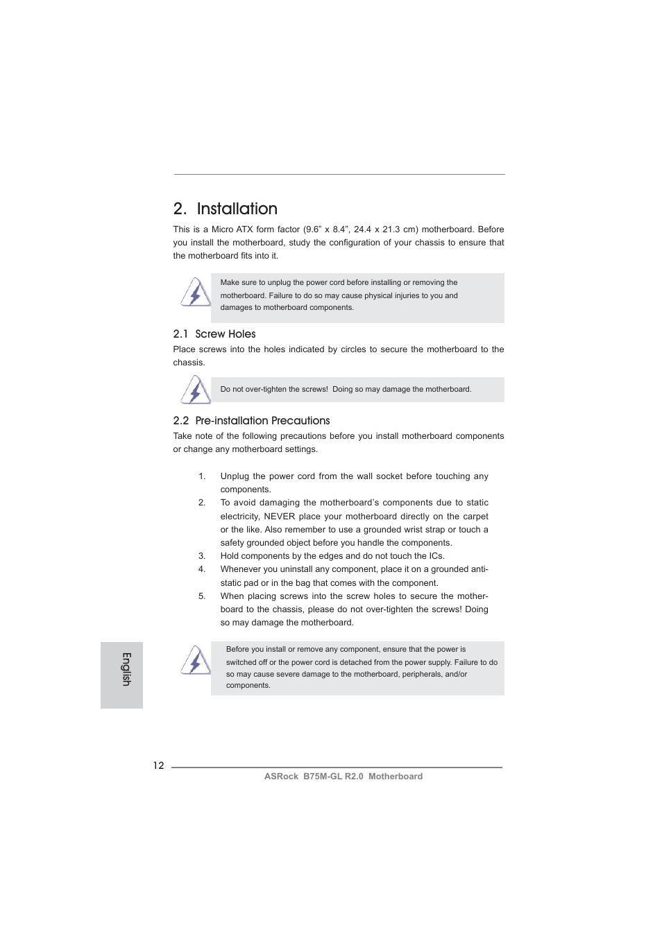 Installation, 1 screw holes, 2 pre-installation precautions | English | ASRock B75M-GL R2.0 User Manual | Page 12 / 204