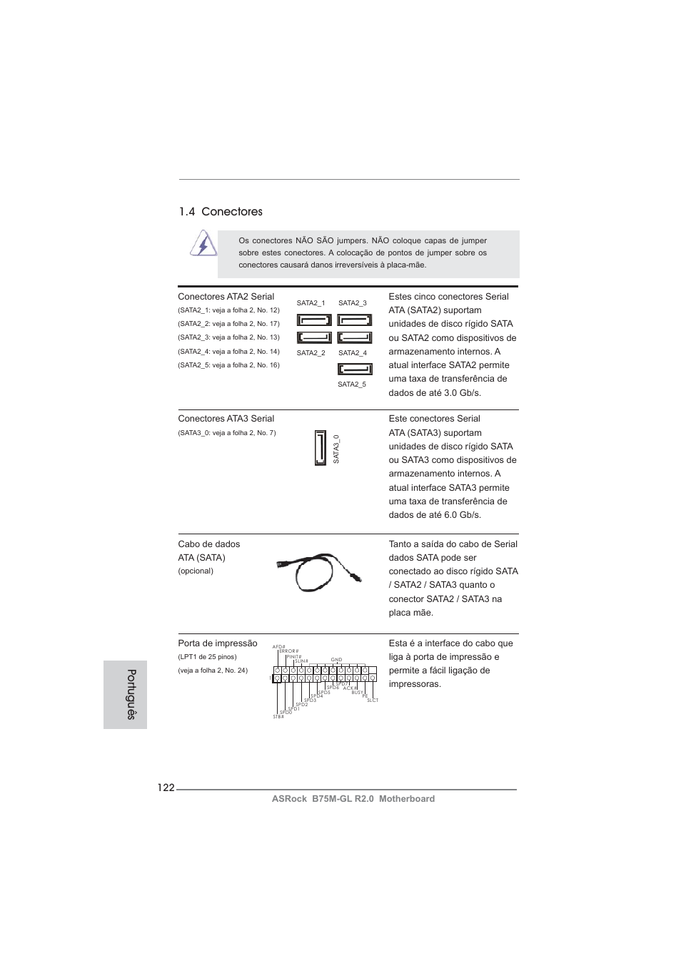 4 conectores, Po rtuguês | ASRock B75M-GL R2.0 User Manual | Page 122 / 204