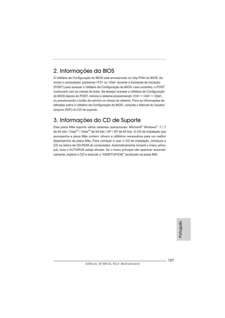 Informações da bios, Informações do cd de suporte | ASRock B75M-GL R2.0 User Manual | Page 127 / 204