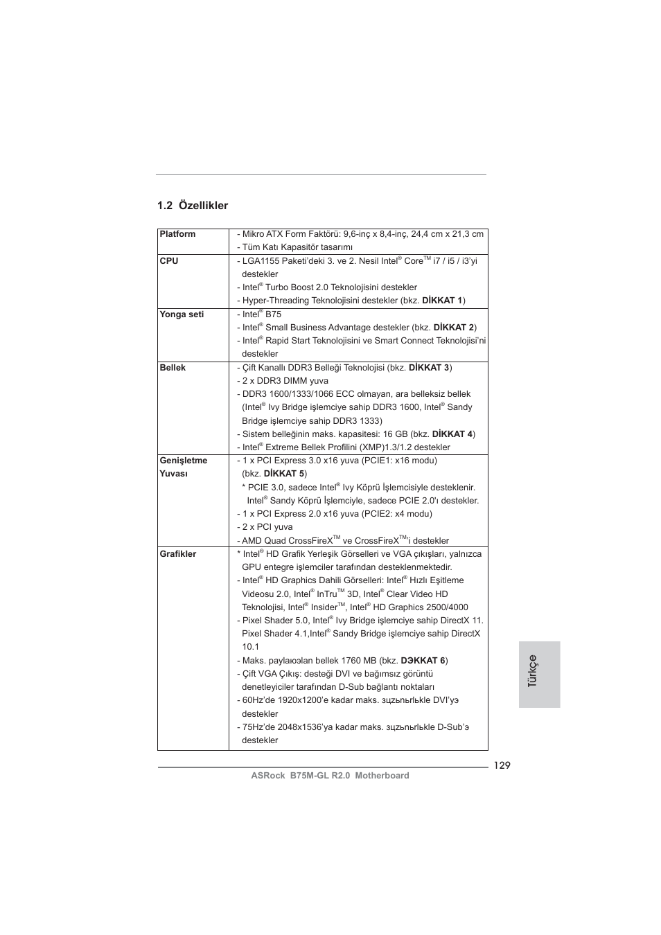 Türkçe 1.2 özellikler | ASRock B75M-GL R2.0 User Manual | Page 129 / 204