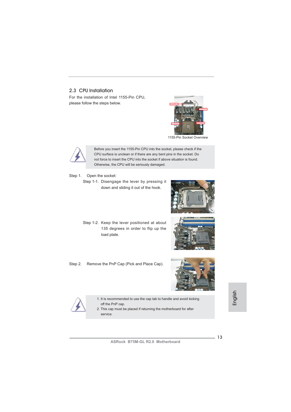 English 2.3 cpu installation | ASRock B75M-GL R2.0 User Manual | Page 13 / 204