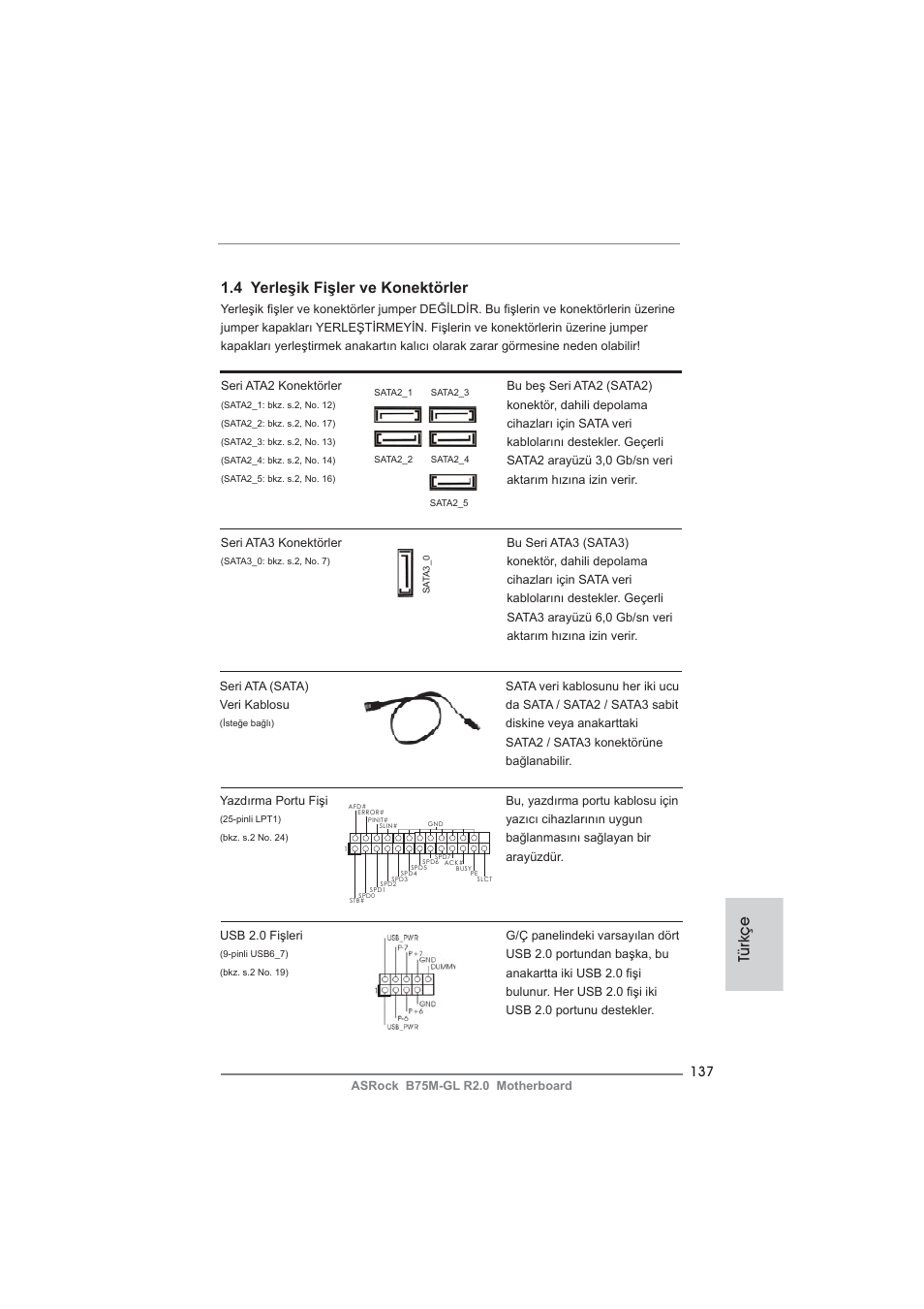 Türkçe 1.4 yerleşik fişler ve konektörler | ASRock B75M-GL R2.0 User Manual | Page 137 / 204