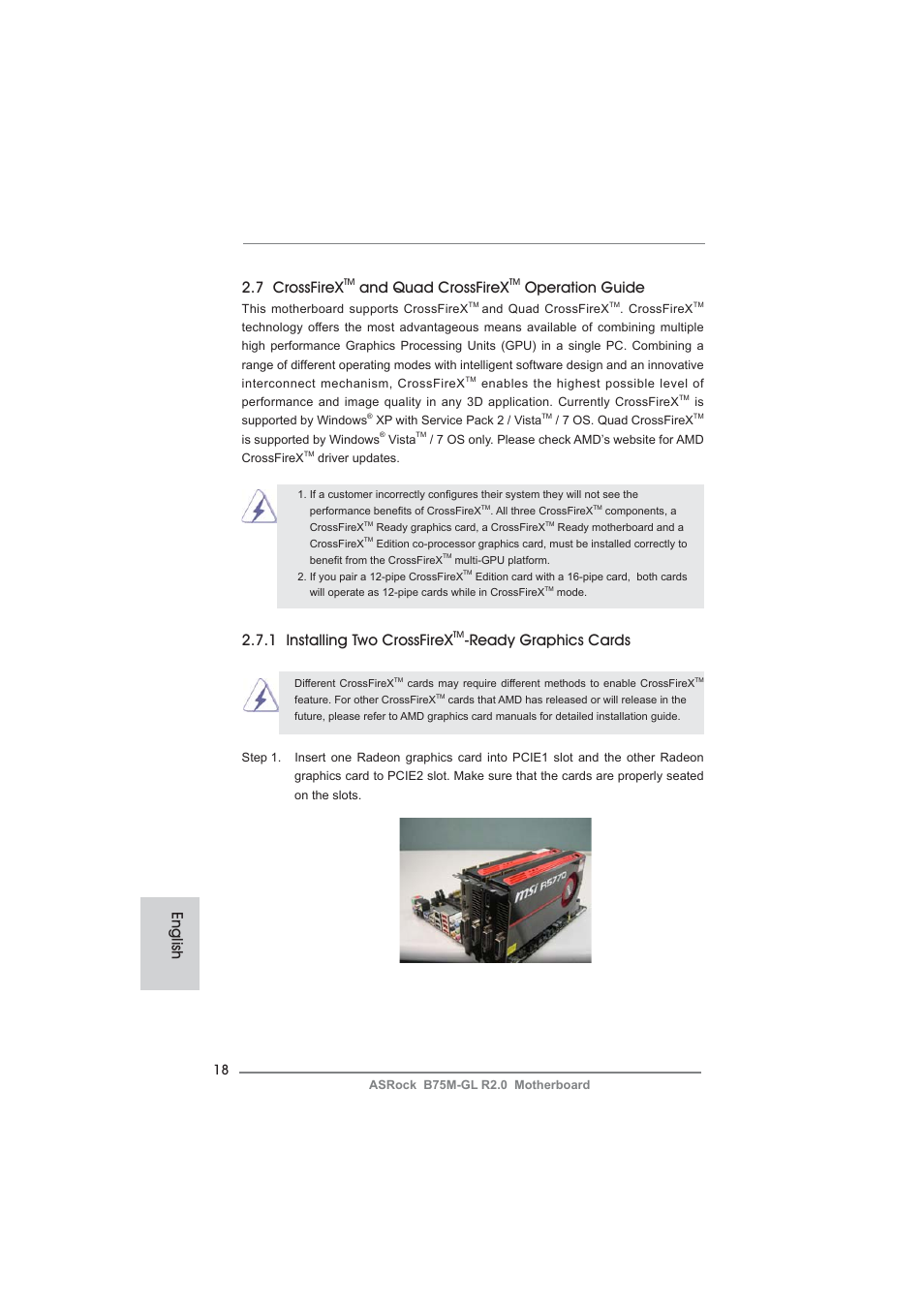 English, 7 crossfirex, And quad crossfirex | Operation guide, 1 installing two crossfirex, Ready graphics cards | ASRock B75M-GL R2.0 User Manual | Page 18 / 204