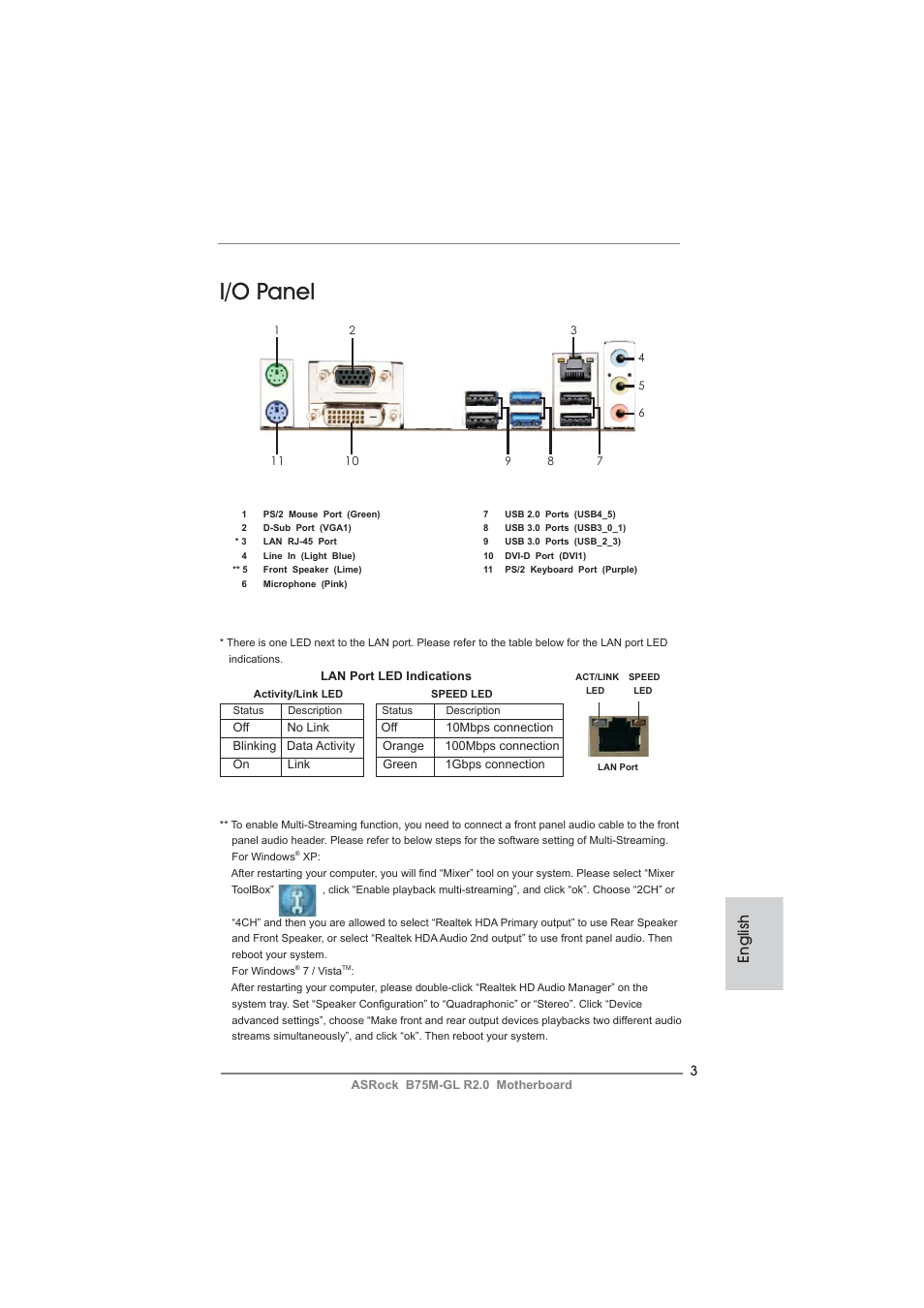 I/o panel, English | ASRock B75M-GL R2.0 User Manual | Page 3 / 204
