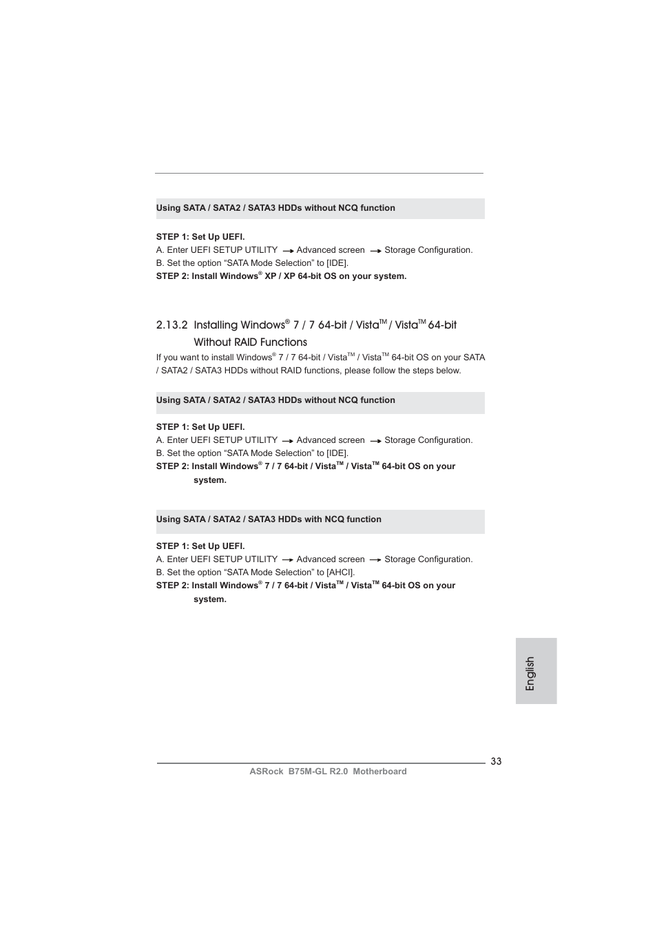 English, 2 installing windows, 7 / 7 64-bit / vista | Vista, Bit without raid functions | ASRock B75M-GL R2.0 User Manual | Page 33 / 204
