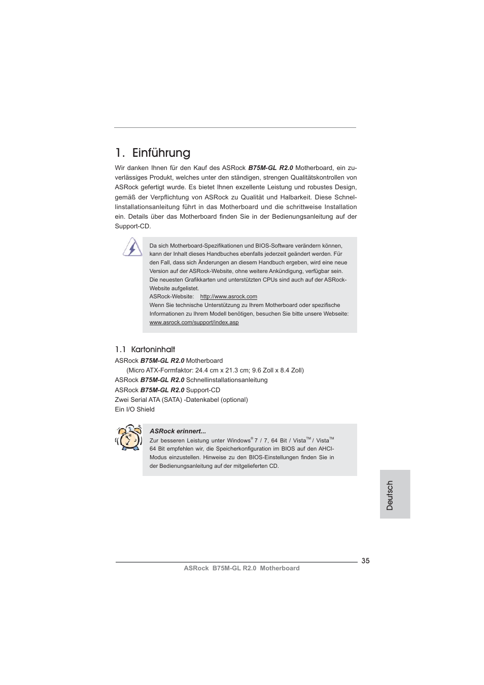 German, Einführung, Deutsch | 1 kartoninhalt | ASRock B75M-GL R2.0 User Manual | Page 35 / 204