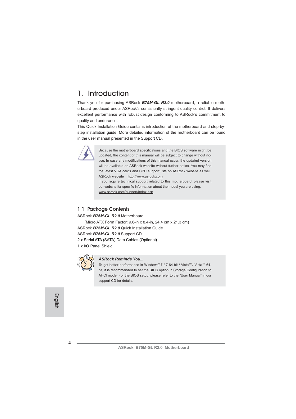 Introduction, 1 package contents, English | ASRock B75M-GL R2.0 User Manual | Page 4 / 204