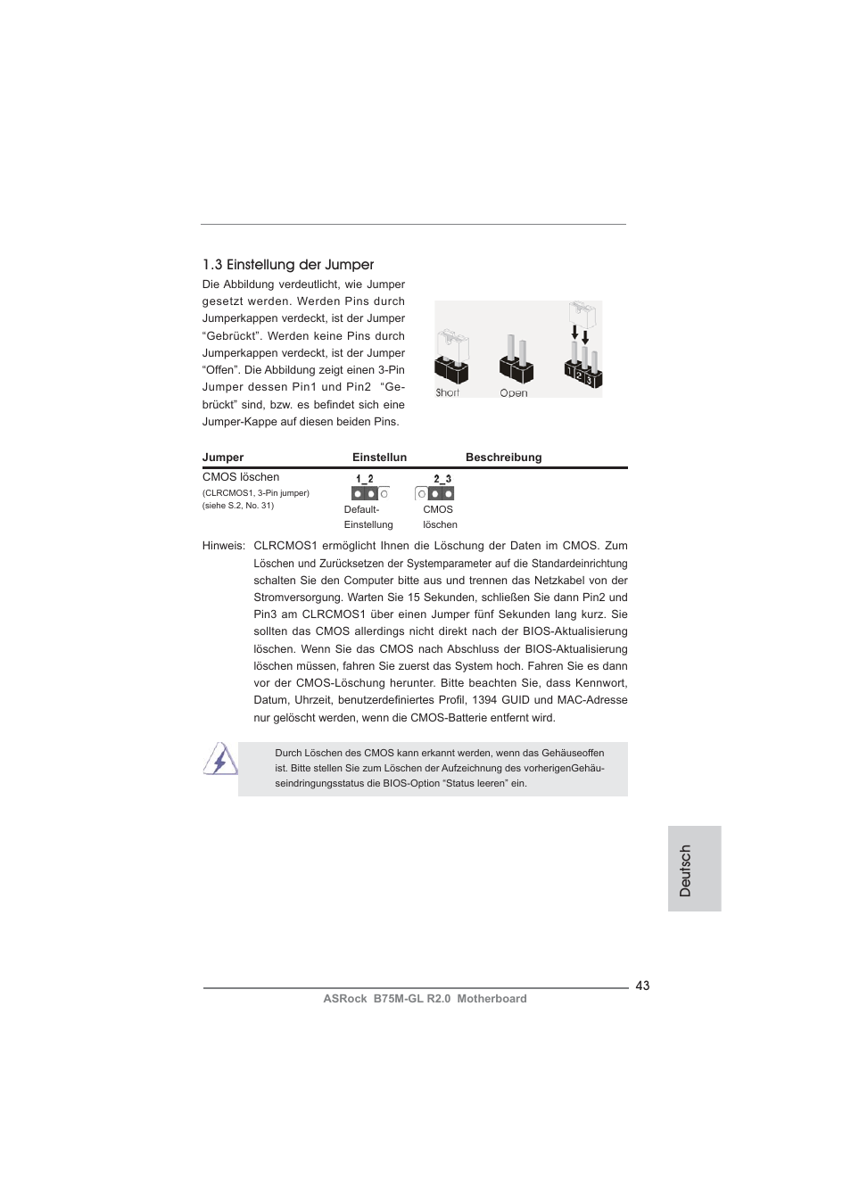 Deutsch 1.3 einstellung der jumper | ASRock B75M-GL R2.0 User Manual | Page 43 / 204