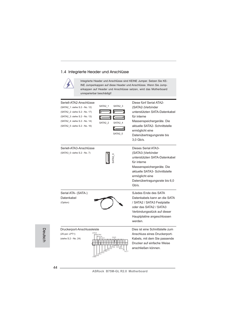 Deutsch, 4 integrierte header und anschlüsse | ASRock B75M-GL R2.0 User Manual | Page 44 / 204