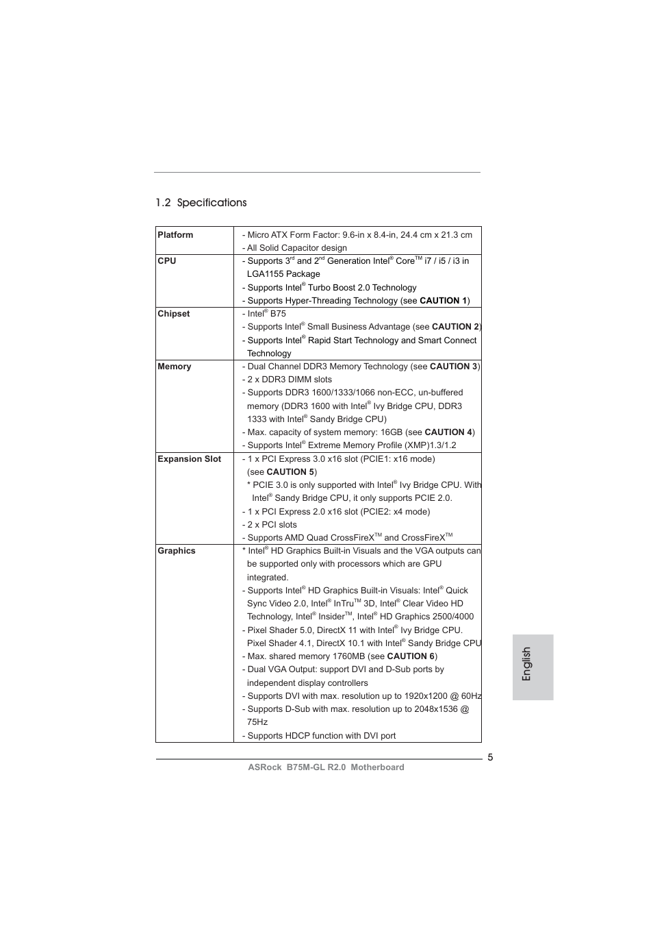 English 1.2 specifications | ASRock B75M-GL R2.0 User Manual | Page 5 / 204