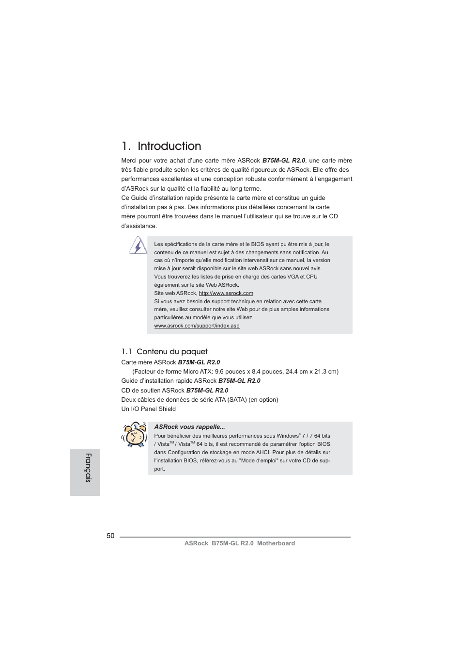 French, Introduction, 1 contenu du paquet | Français | ASRock B75M-GL R2.0 User Manual | Page 50 / 204