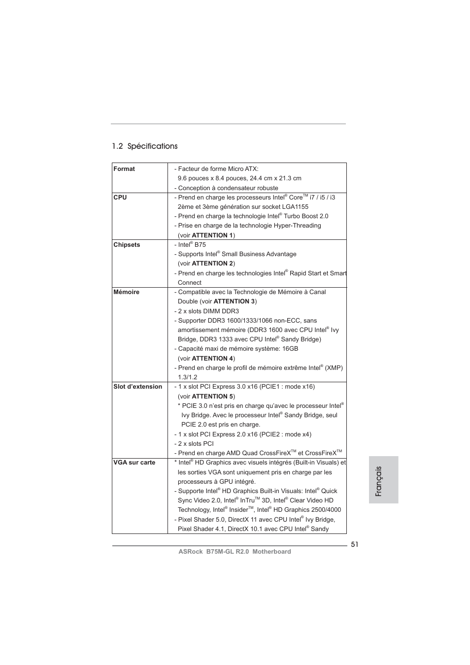 Français 1.2 spécifications | ASRock B75M-GL R2.0 User Manual | Page 51 / 204