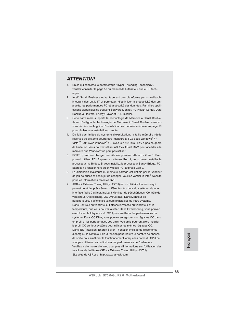 Attention, Français | ASRock B75M-GL R2.0 User Manual | Page 55 / 204