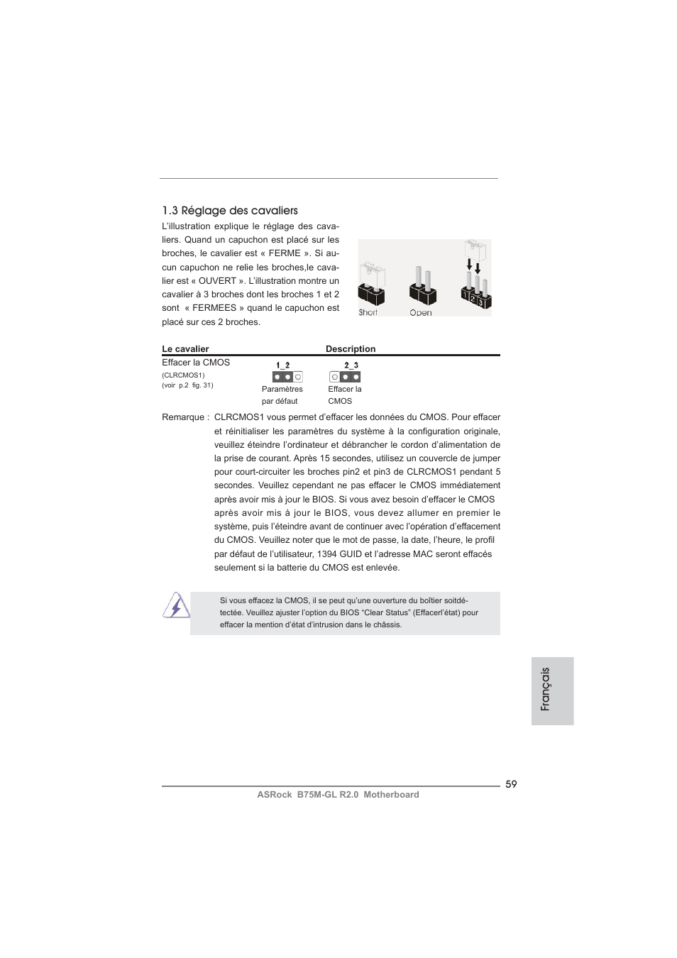 Français 1.3 réglage des cavaliers | ASRock B75M-GL R2.0 User Manual | Page 59 / 204