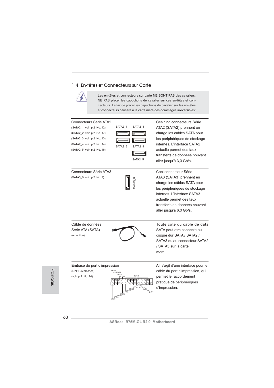 Français, 4 en-têtes et connecteurs sur carte | ASRock B75M-GL R2.0 User Manual | Page 60 / 204