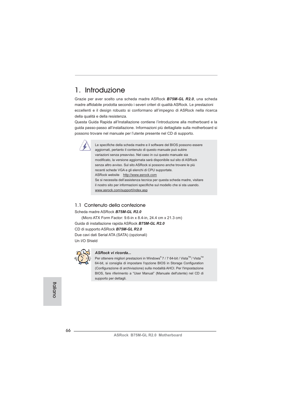 Italian, Introduzione, 1 contenuto della confezione | Italiano | ASRock B75M-GL R2.0 User Manual | Page 66 / 204