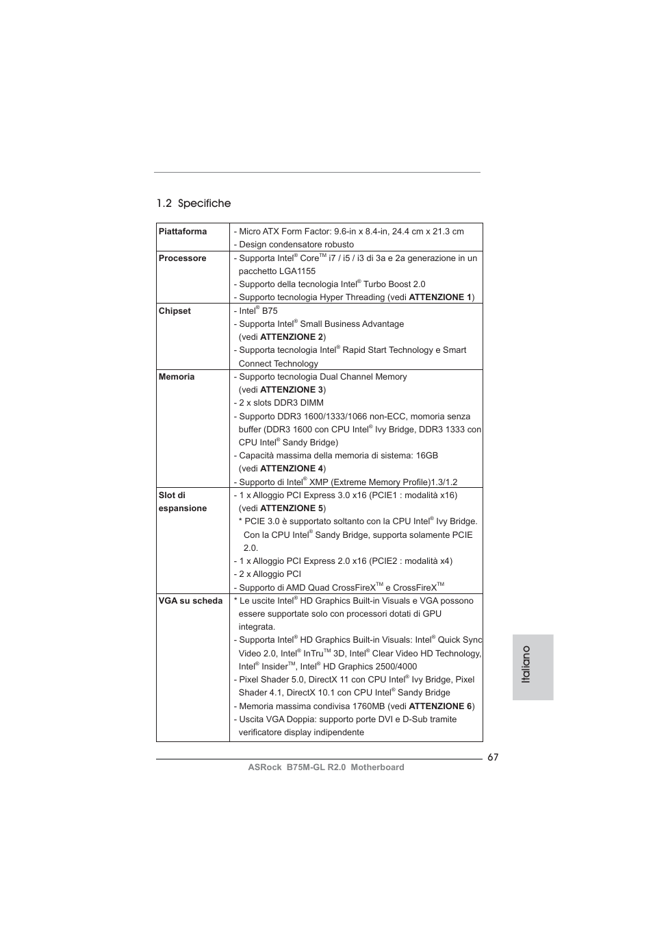 Italiano 1.2 specifiche | ASRock B75M-GL R2.0 User Manual | Page 67 / 204