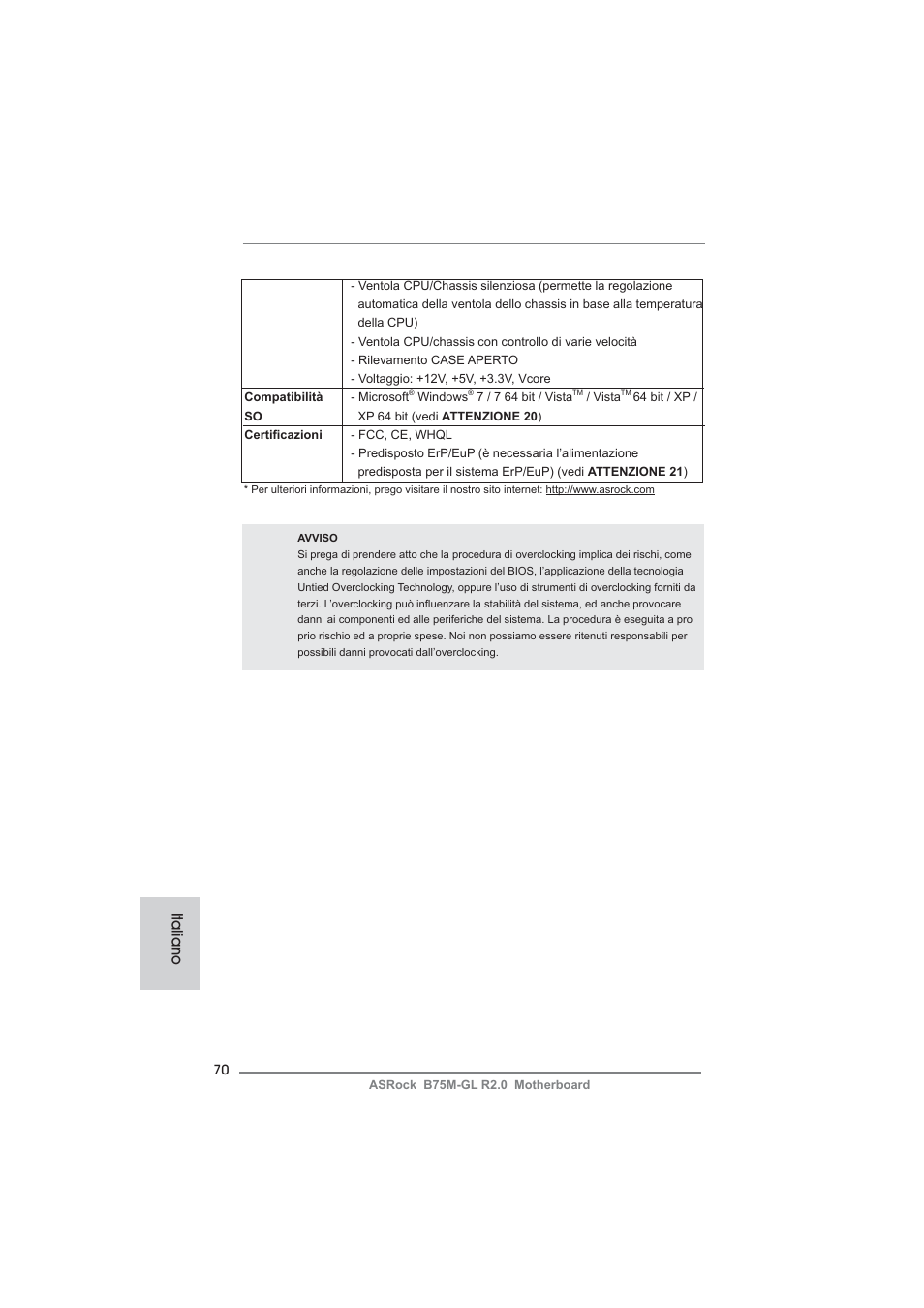 Italiano | ASRock B75M-GL R2.0 User Manual | Page 70 / 204