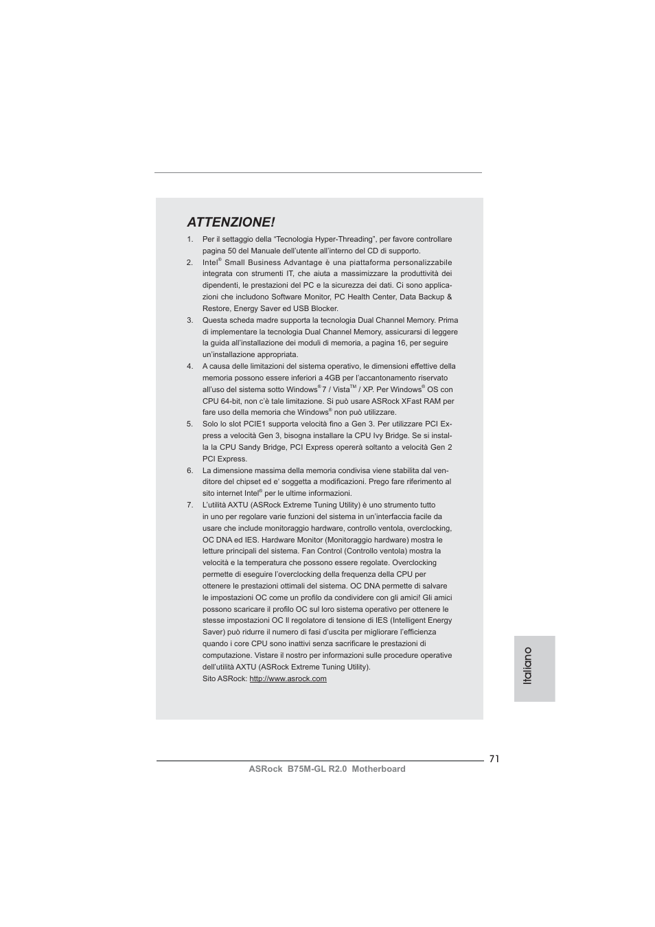 Attenzione, Italiano | ASRock B75M-GL R2.0 User Manual | Page 71 / 204