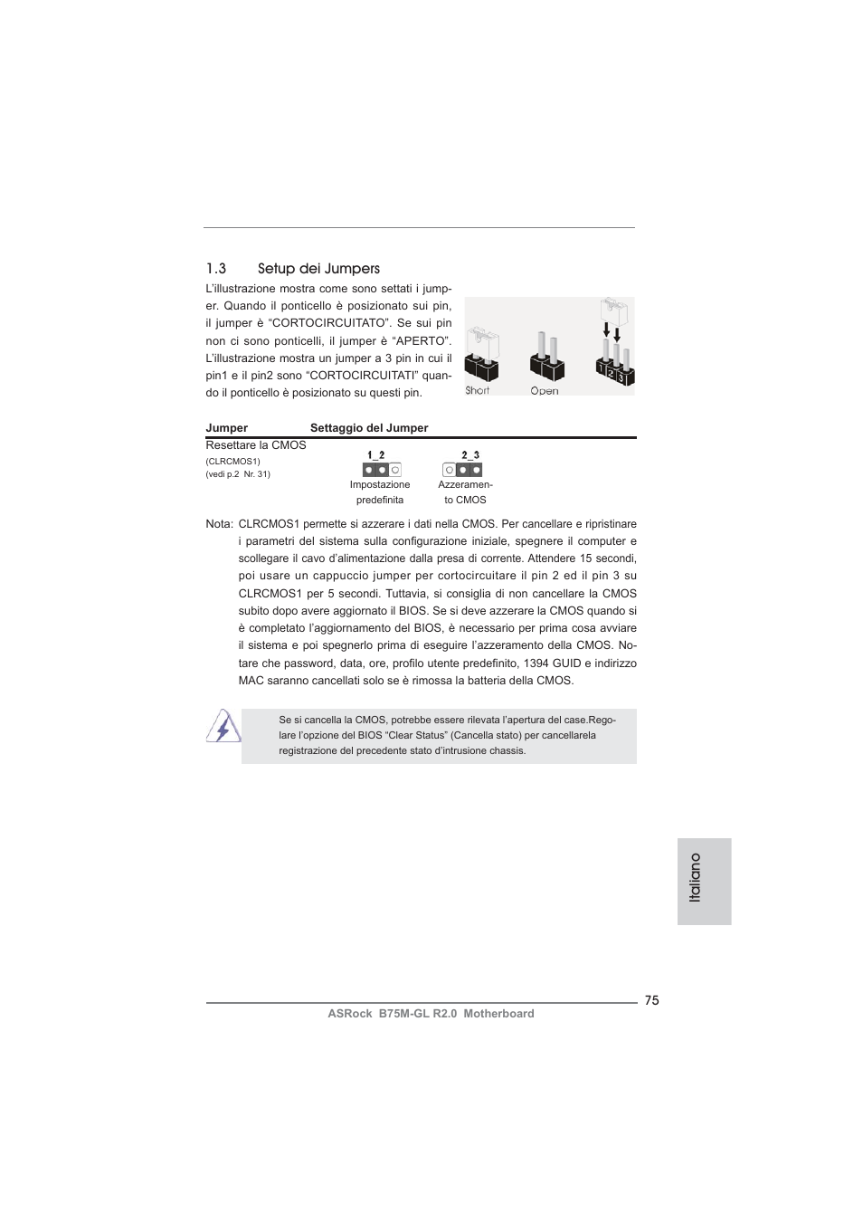 Italiano 1.3 setup dei jumpers | ASRock B75M-GL R2.0 User Manual | Page 75 / 204