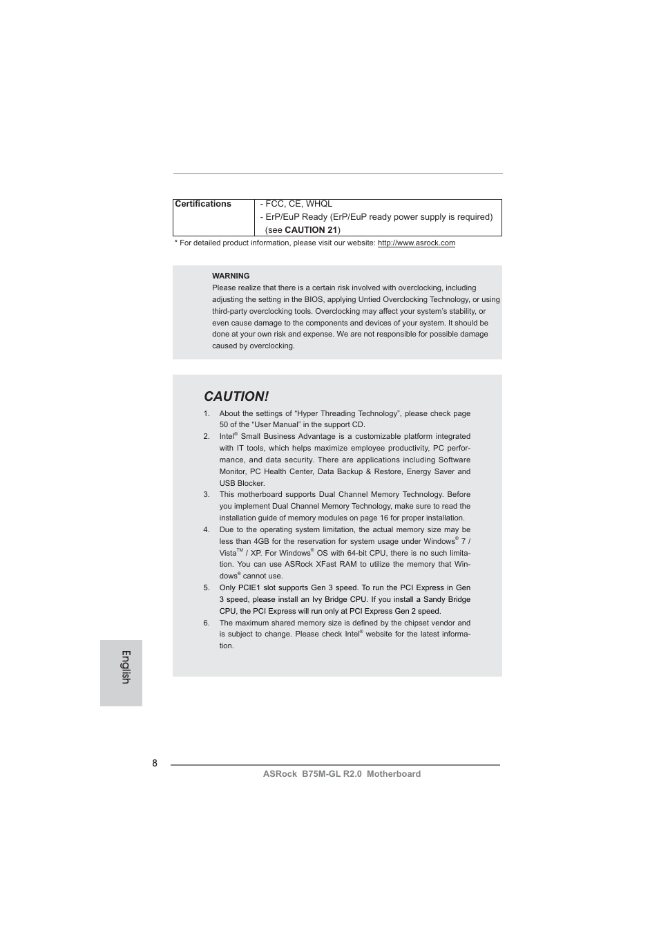 Caut ion, English | ASRock B75M-GL R2.0 User Manual | Page 8 / 204