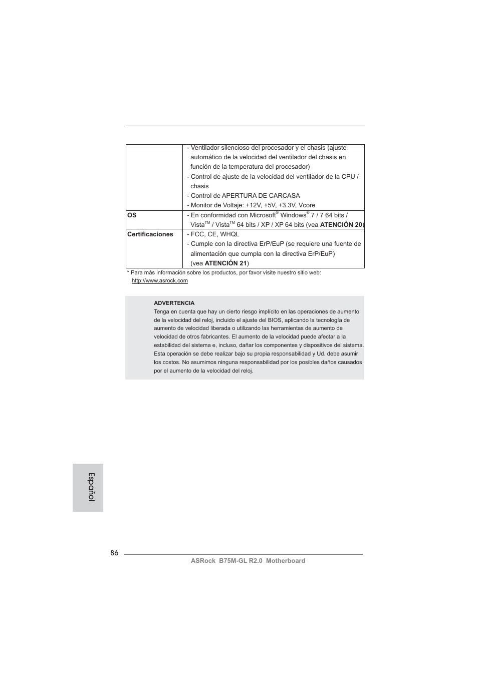 Español | ASRock B75M-GL R2.0 User Manual | Page 86 / 204