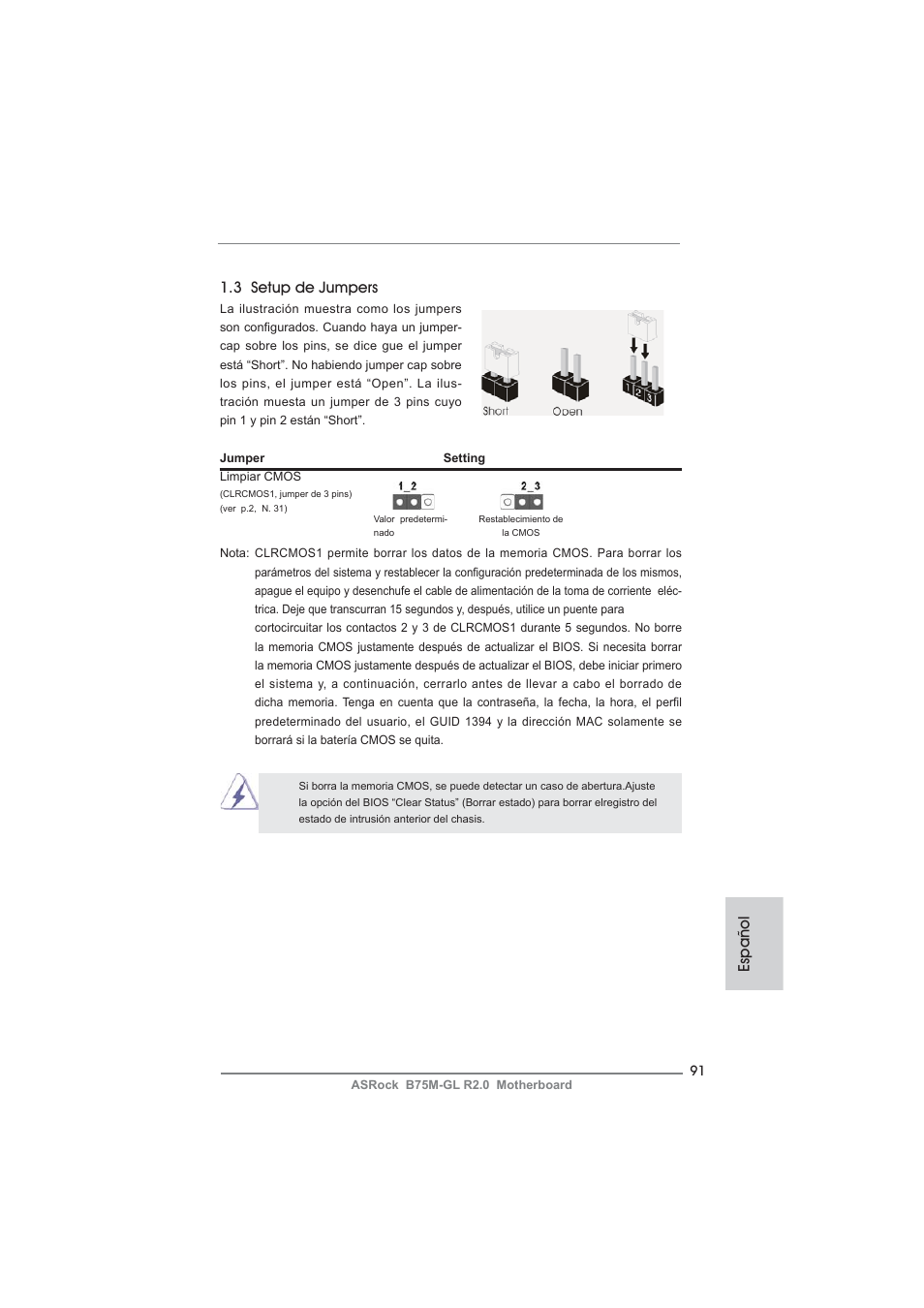 Español 1.3 setup de jumpers | ASRock B75M-GL R2.0 User Manual | Page 91 / 204