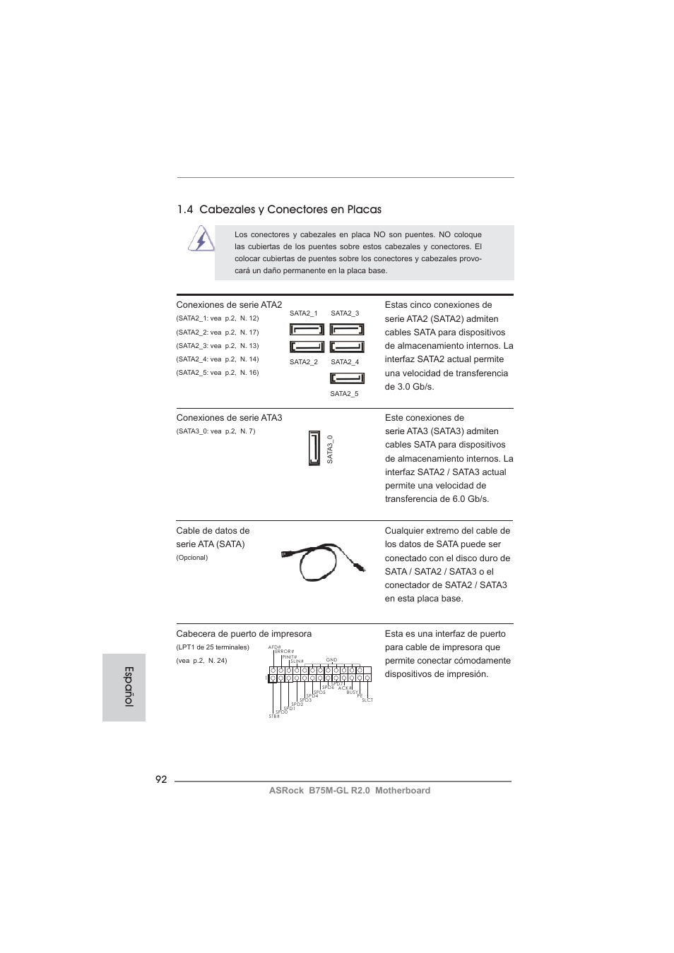 Español 1.4 cabezales y conectores en placas | ASRock B75M-GL R2.0 User Manual | Page 92 / 204