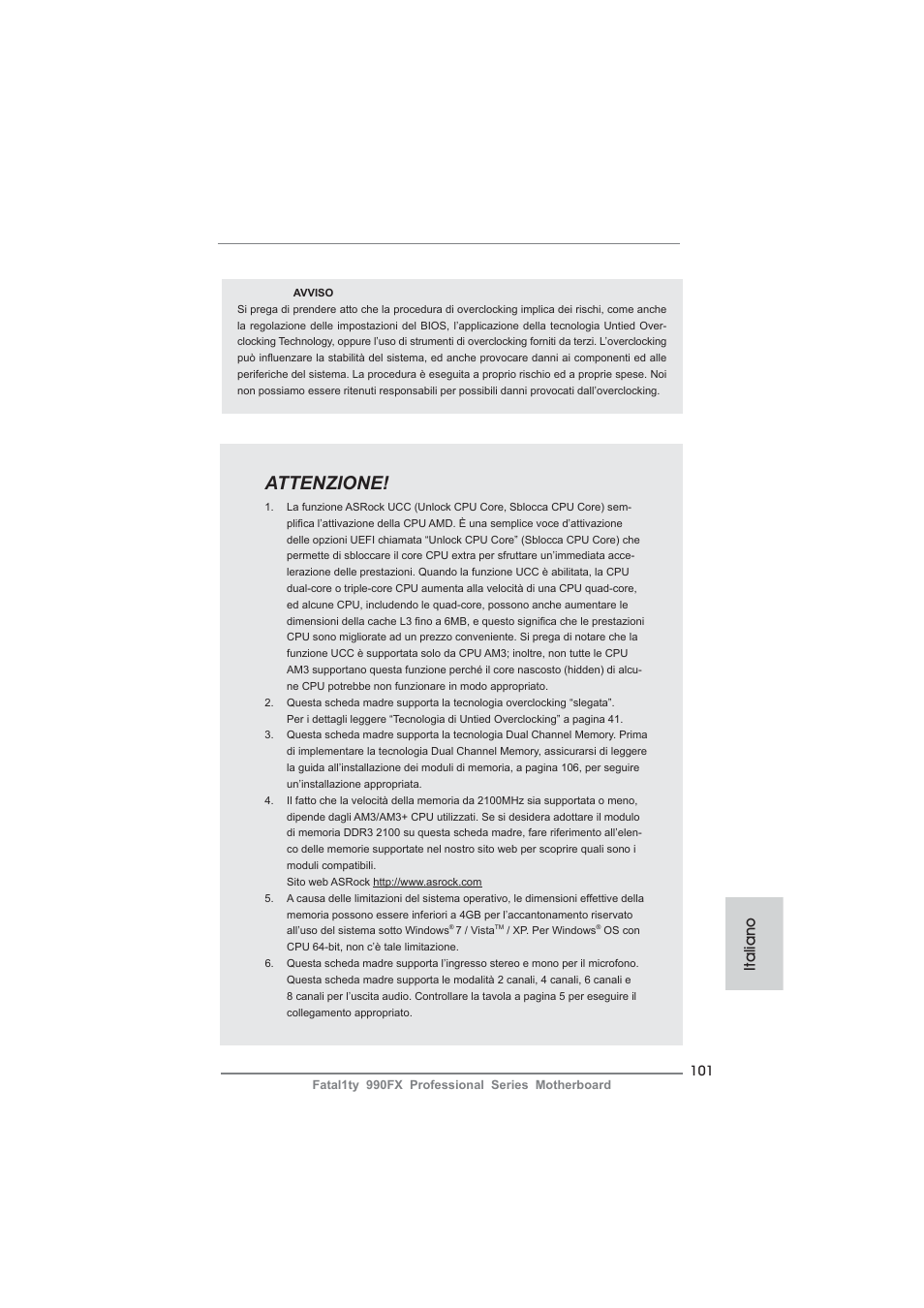 Attenzione, Italiano | ASRock Fatal1ty 990FX Professional User Manual | Page 101 / 287