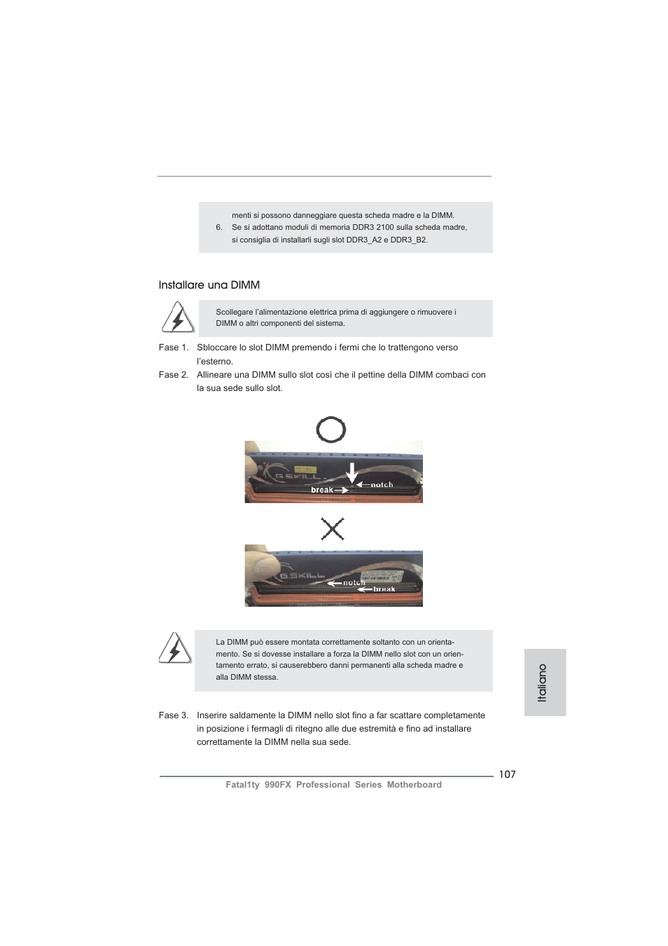 Installare una dimm, Italiano | ASRock Fatal1ty 990FX Professional User Manual | Page 107 / 287