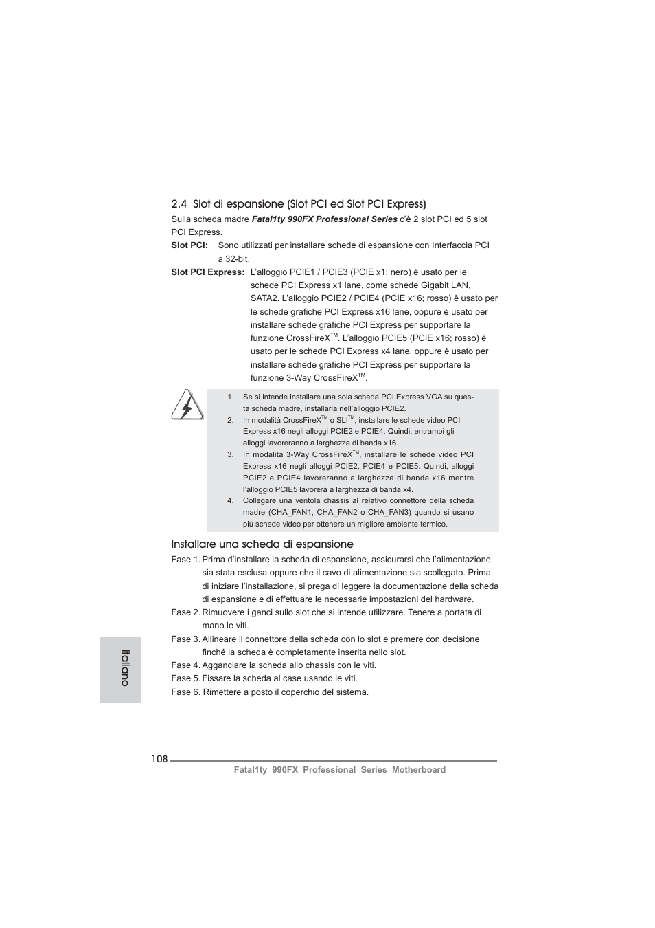 Installare una scheda di espansione, Italiano | ASRock Fatal1ty 990FX Professional User Manual | Page 108 / 287