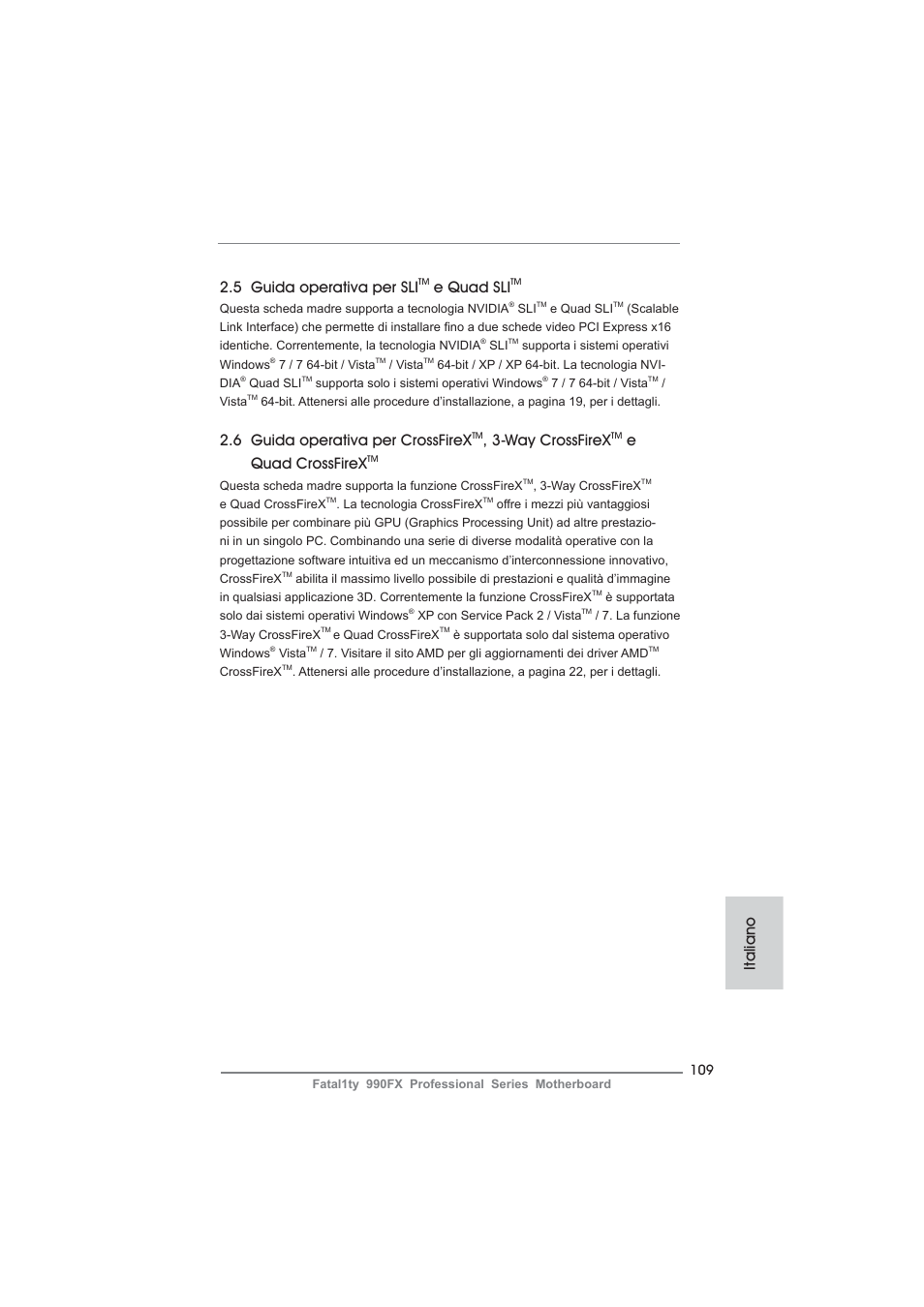 5 guida operativa per sli, E quad sli, 6 guida operativa per crossfirex | Way crossfirex, Equad crossfirex, Italiano | ASRock Fatal1ty 990FX Professional User Manual | Page 109 / 287