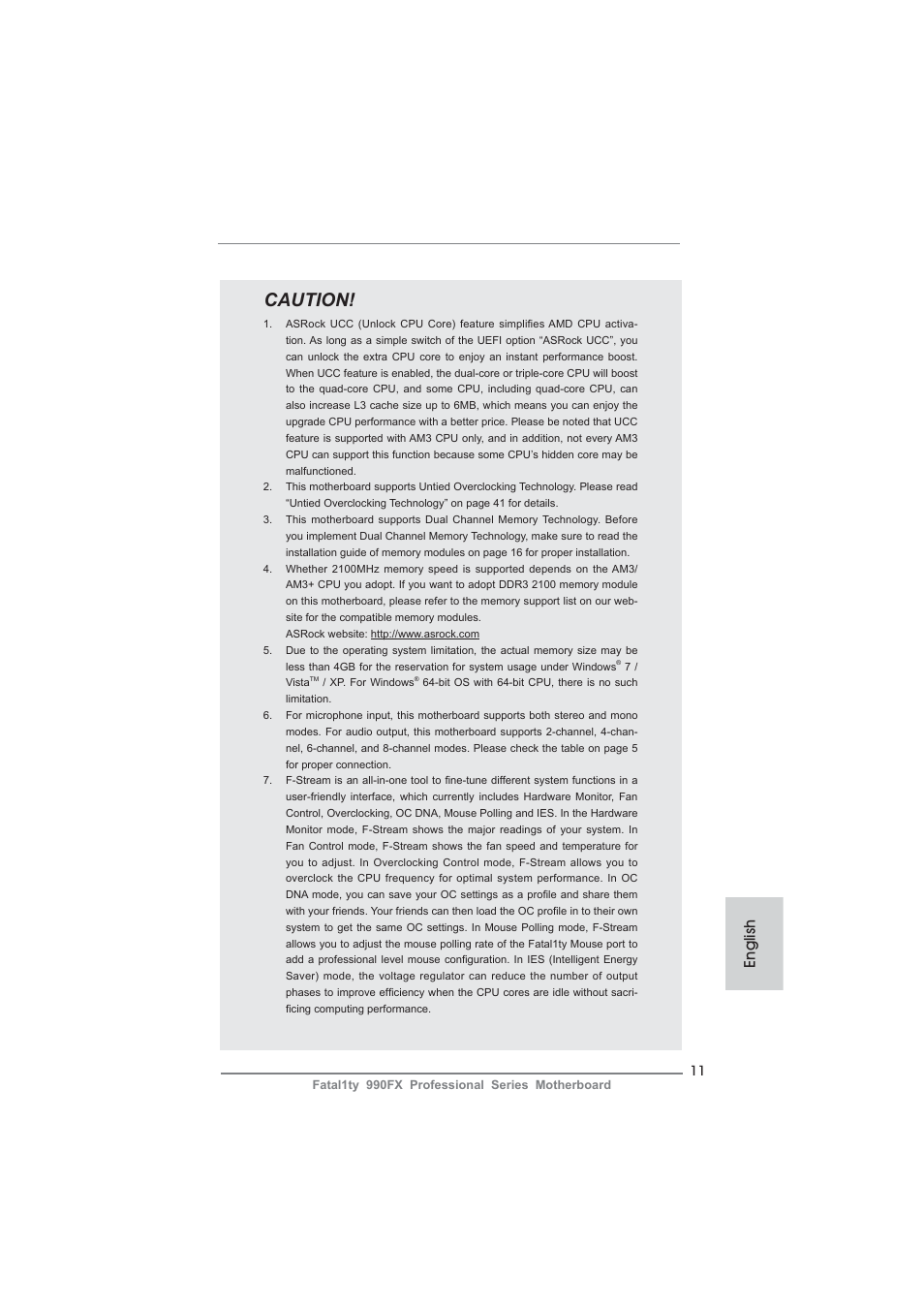 Caution, English | ASRock Fatal1ty 990FX Professional User Manual | Page 11 / 287