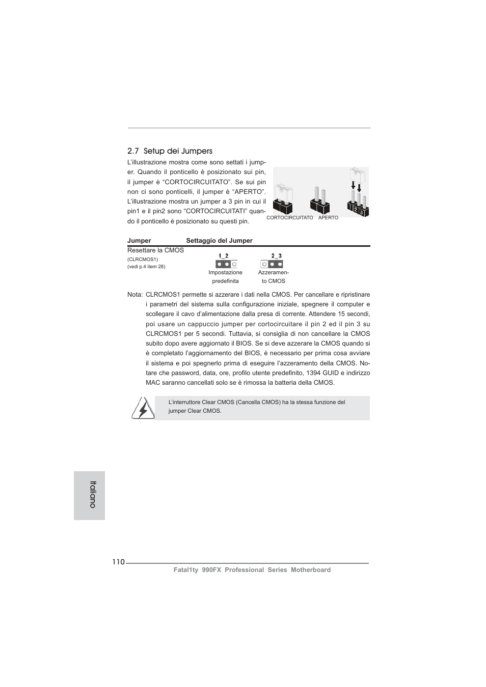 7 setup dei jumpers, Italiano | ASRock Fatal1ty 990FX Professional User Manual | Page 110 / 287
