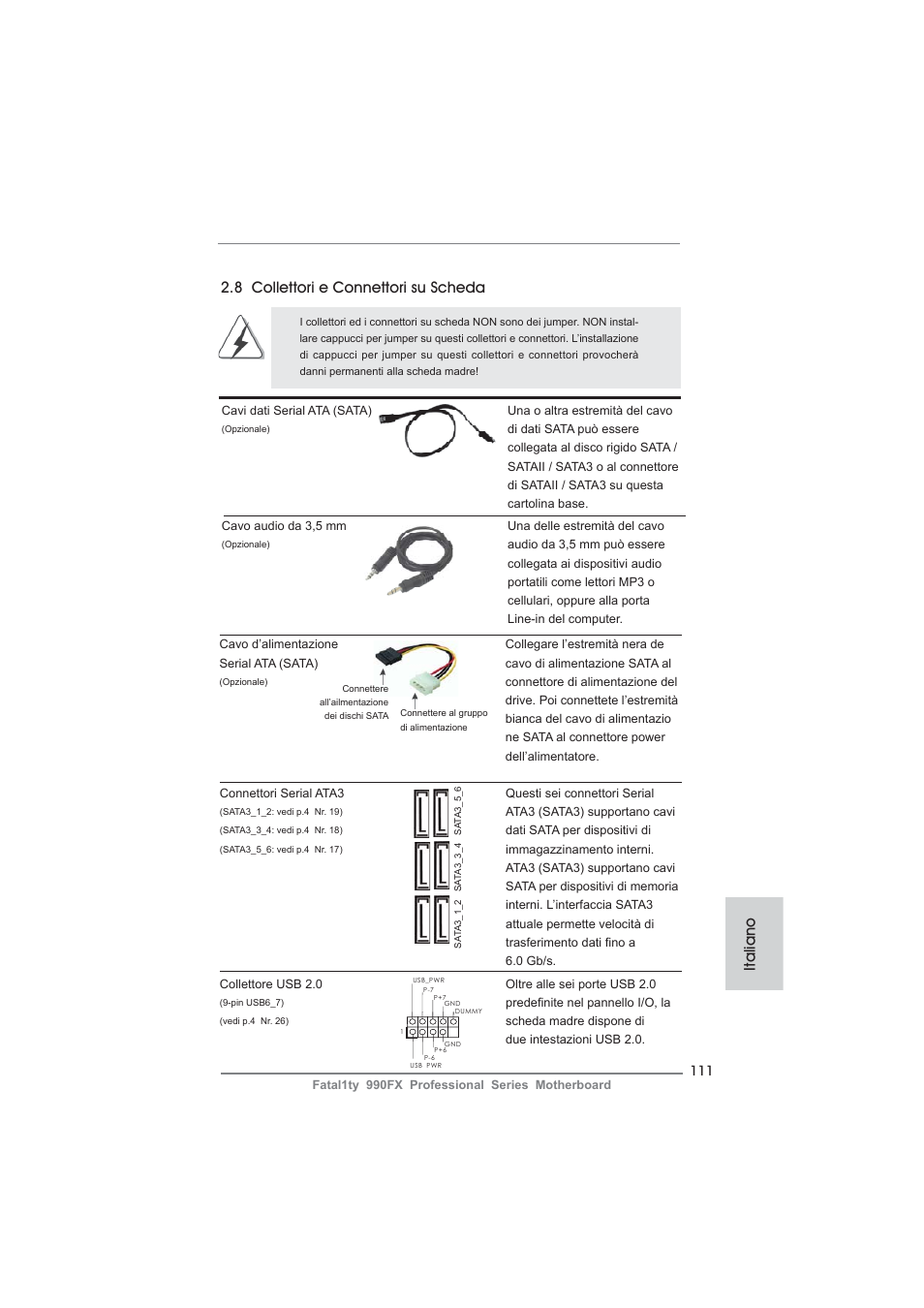 8 collettori e connettori su scheda, Italiano | ASRock Fatal1ty 990FX Professional User Manual | Page 111 / 287