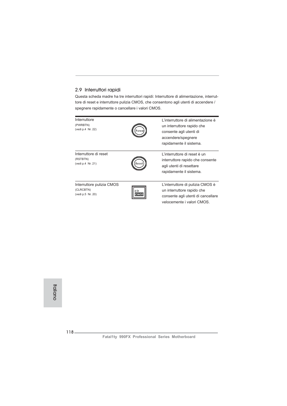 9 interruttori rapidi, Italiano | ASRock Fatal1ty 990FX Professional User Manual | Page 118 / 287